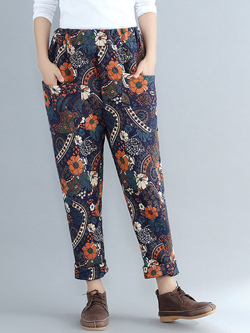 Floral Elastic Waist Women Cotton-padded Pants-Newchic-