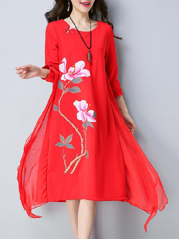 Floral Fake Two Pieces Women Dresses-Newchic-