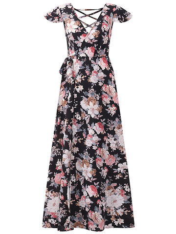 Floral Print Backless Criss-cross Maxi Dresses-Newchic-