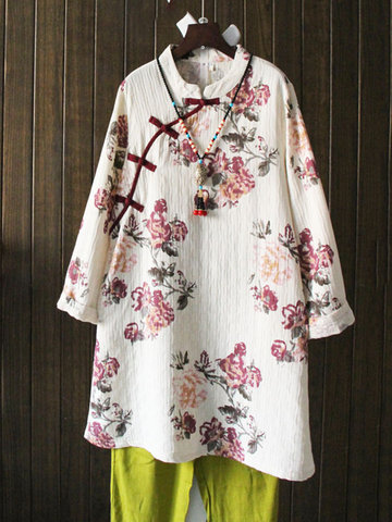 Floral Print Button Long Sleeve Dress-Newchic-
