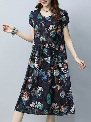 Floral Print Fold Short Sleeve O-Neck Knee Dress-Newchic-