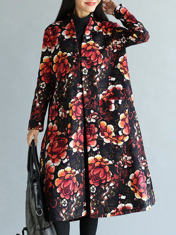 Floral Print Frog Button Women Coats-Newchic-
