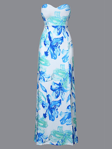 Floral Print Slit Hem Strapless Maxi Dress For Women-Newchic-