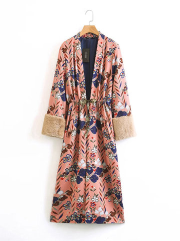 Floral Printed Elastic Waist Drawstring Kimono-Newchic-