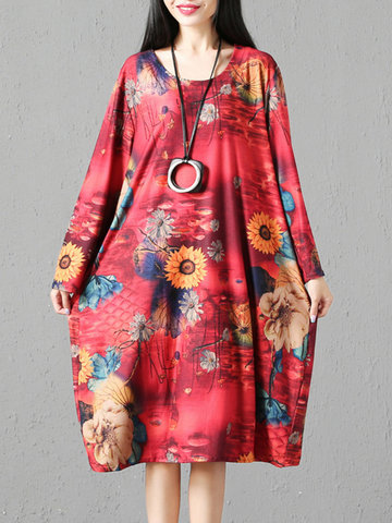 Floral Printed Long Sleeve Dresses-Newchic-
