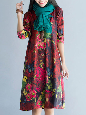 Floral Printed Long Sleeve Vintage Dresses-Newchic-