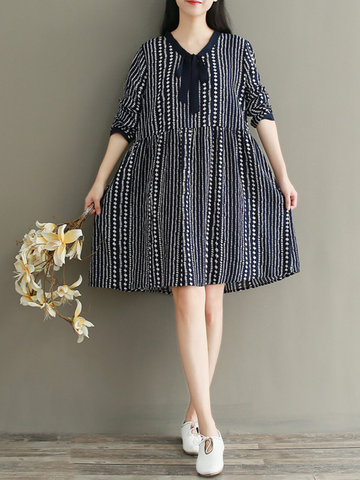 Floral Striped Bowknot Long Sleeve Dress-Newchic-