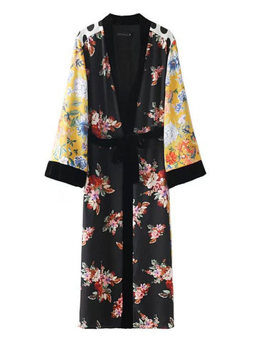 Flower Dot Print Contrast Color Long Kimono-Newchic-