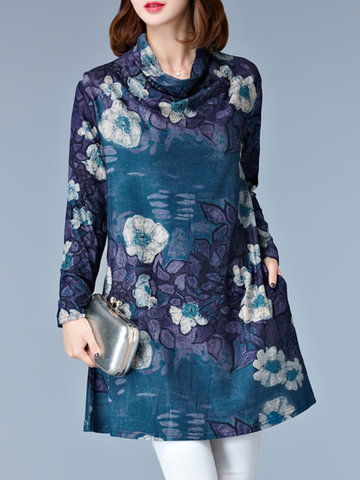 Flower Print Pockets Heaps Collar Long Sleeve Mini Dress-Newchic-