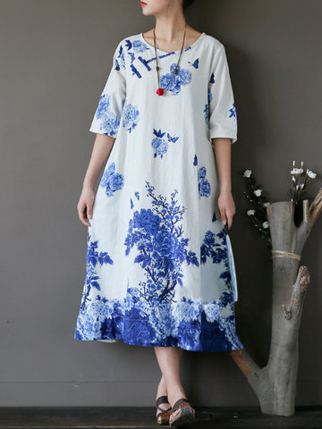 Flower Printed Vintage Robe Dress-Newchic-