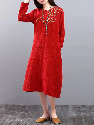 Folk Style Casual Loose Embroidery Women Dresses-Newchic-