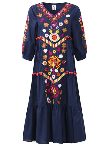 Folk Style Embroidered Maxi Dresses-Newchic-