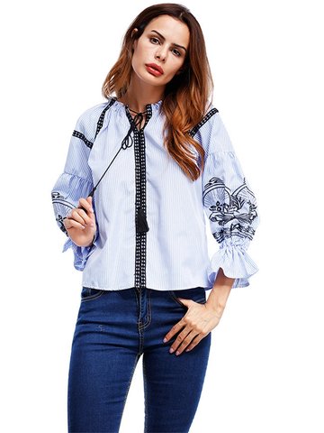 Folk Style Embroidered Tie Women Blouses-Newchic-