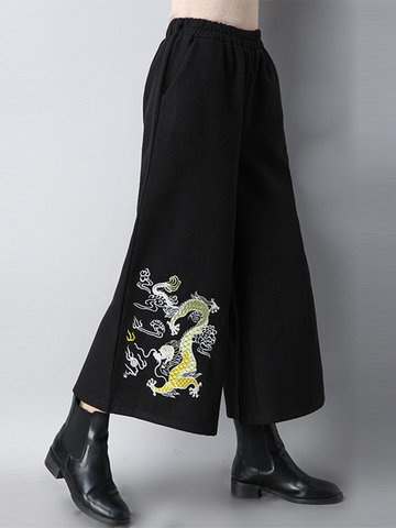 Folk Style Embroidery Elastic Waist Wide Leg Pants-Newchic-
