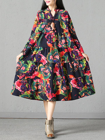 Folk Style Floral Print Women Mid-long Dresses-Newchic-