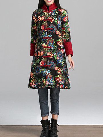 Folk Style Flower Printed Stand Collar Coat-Newchic-