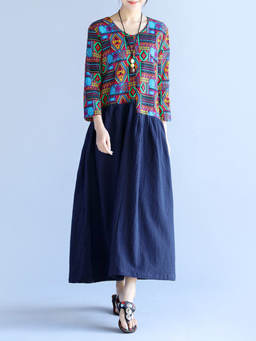 Folk Style Loose Printed Patchwork Long Sleeve Women Dresses-Newchic-