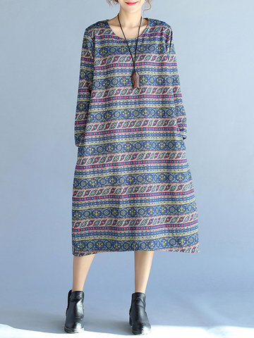 Folk Style Print Stripe Dresses-Newchic-
