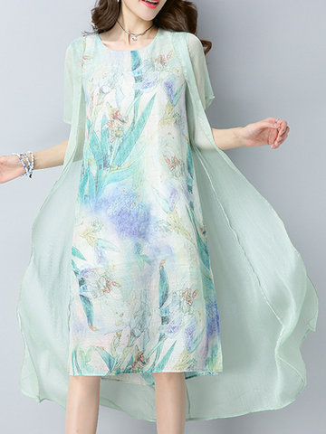 Folk Style Printed Short Sleeve Fake Two-Piece Women Dress-Newchic-