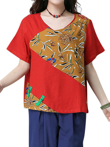 Folk Style Printed Stitching Short Sleeve T-Shirt For Women-Newchic-