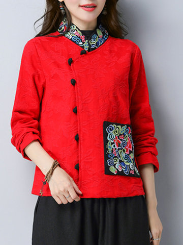 Folk Style Women Embroidery Stand Collar Chinese Frog Jacket-Newchic-