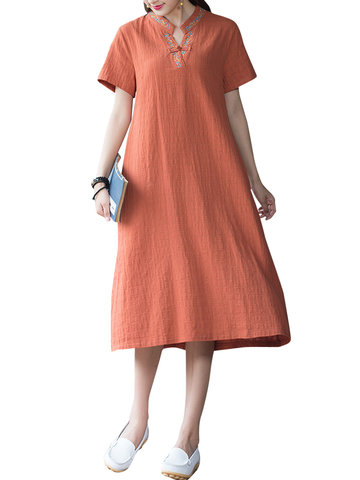 Folk Style Women Embroidery Stand Collar Short Sleeve Dress-Newchic-