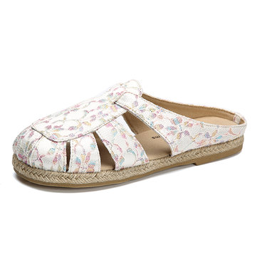 Folkways Hollow Out Flax Breathable Flat Slippers-Newchic-Multicolor
