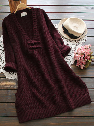 Frog Button Women Knitted Dresses-Newchic-