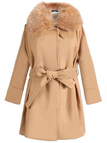 Fur Collar Waist Hooded Blends Coat-Newchic-