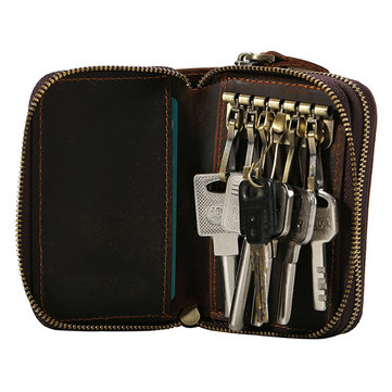 Genuine Leather Casaul Vintage Double Zipper Multi-functional Key Bag For Men Women-Newchic-