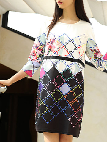 Geometric Printed 3/4 Sleeves Dress-Newchic-