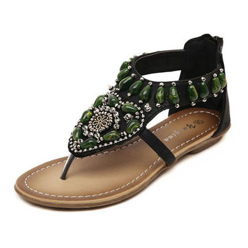 Green Rhinestone Bohemia Clip Toe Zipper Retro Sandals-Newchic-Multicolor