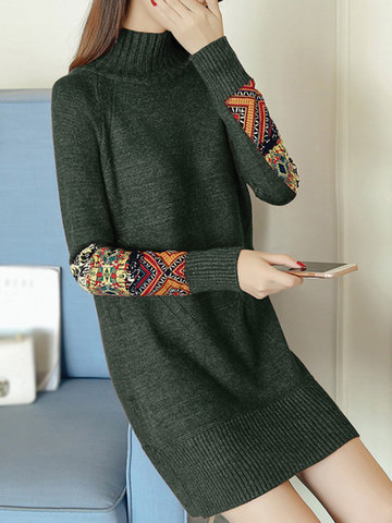 High Neck Printed Sleeves Sweaters-Newchic-