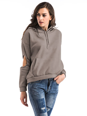 Hollow Solid Color Hooded Women Hoodies-Newchic-