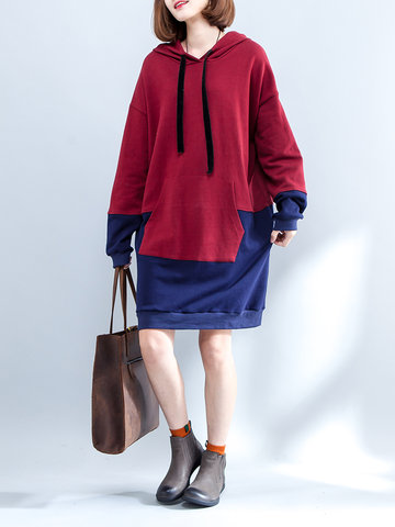 Hooded Stitching Color Sweatshirts Dress-Newchic-