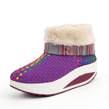 Knitting Color Match Fur Lining Folded Platform Rocker Sole Ankle Boots-Newchic-Multicolor