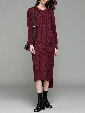 Knitting Irregular Pockets Women Dresses-Newchic-