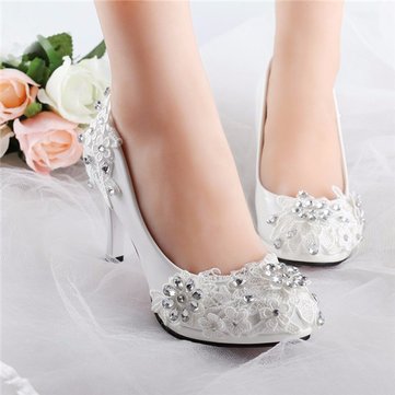Lace Beaded Flower Wedding High Heel White Bridal Pumps-Newchic-White