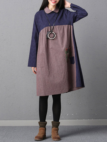 Lapel Stitching Color Pocket Dress-Newchic-