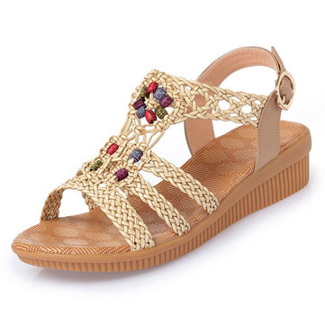 Large Size Bohemia Solid Buckle Strap Woven Peep Toe Soft Sandals-Newchic-Multicolor