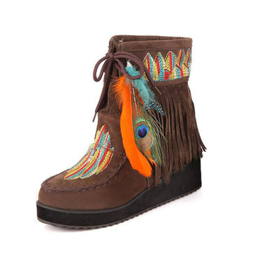 Large Size Embroidered Tassel Feather Warm Fur Lining Short Boots-Newchic-Multicolor