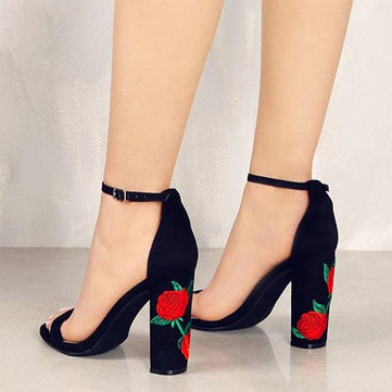 Large Size Peep Toe Rose Flower Chunky Heel Solid Strap Buckle Pumps-Newchic-Multicolor