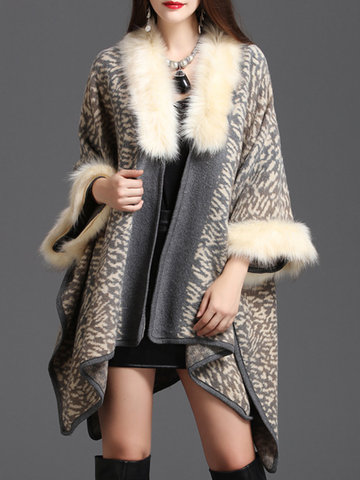 Leopard Printed Faux Fur Collar Coats-Newchic-