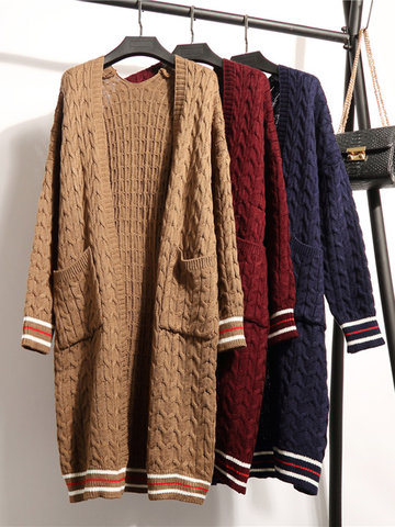 Long Sleeve Pocket Knitted Cardigans-Newchic-