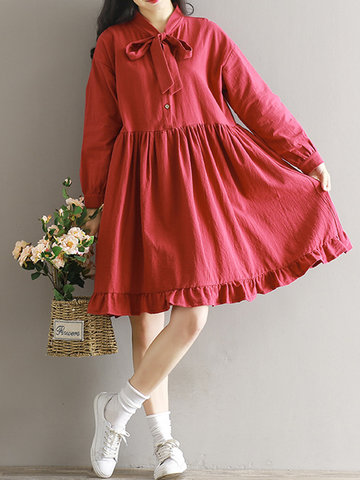 Loose Bow Tie Long Sleeves Red Dresses-Newchic-