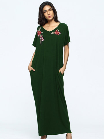 Loose Floral Embroidered Short Sleeve V-neck Maxi Dress For Women-Newchic-