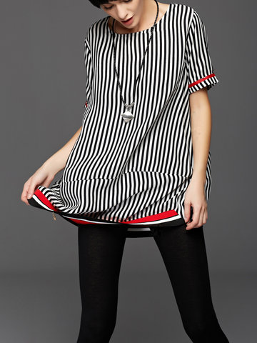 Miting Casual Striped Short Sleeve Women Blouses-Newchic-