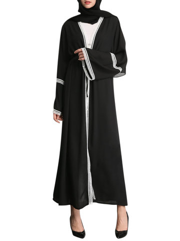 Muslim Robe Black Lace Splicing Printed Long Sleeves Dresses-Newchic-