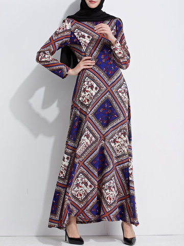Muslim Robe Digital Printed Long Sleeves Dresses For Women-Newchic-