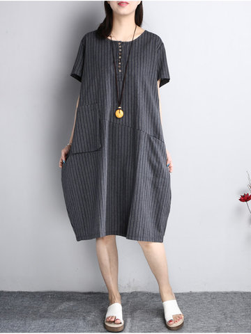 O-NEWE Casual Women Loose Striped Pockets Asymmetrical Dress-Newchic-